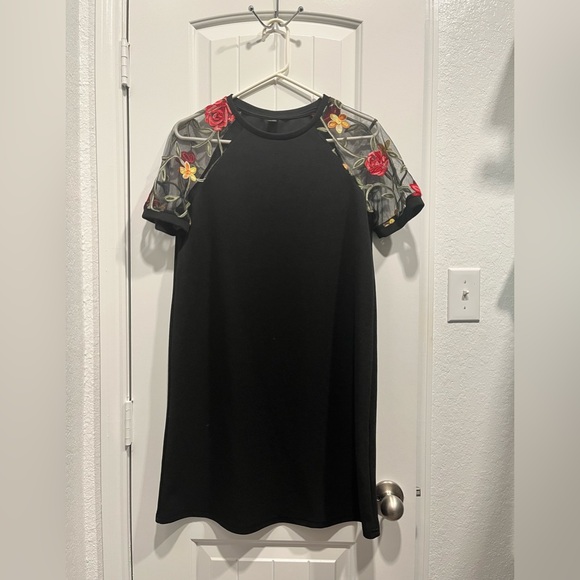 Floral Embroidery Contrast Mesh Raglan Sleeve Dress Size M - Picture 2 of 8